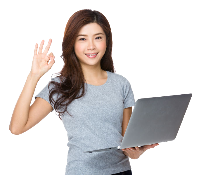 Woman holding laptop, gesturing okay sign.